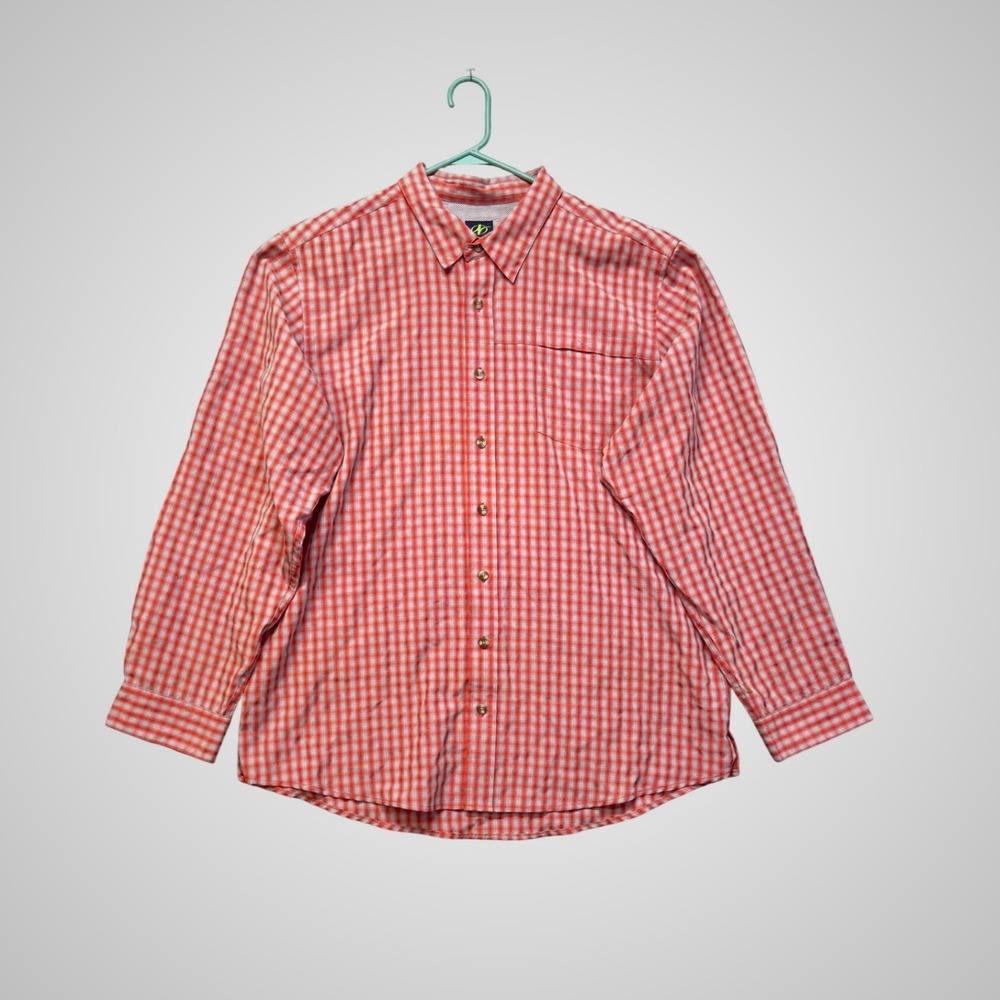 NordicTrack Plaid Shirt Mens‎ XXL Orange White Excellent Roll Tab Long Sleeve